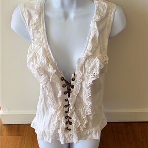 Anthropologie Pilcro Cream Lace-Up Ruffle Blouse